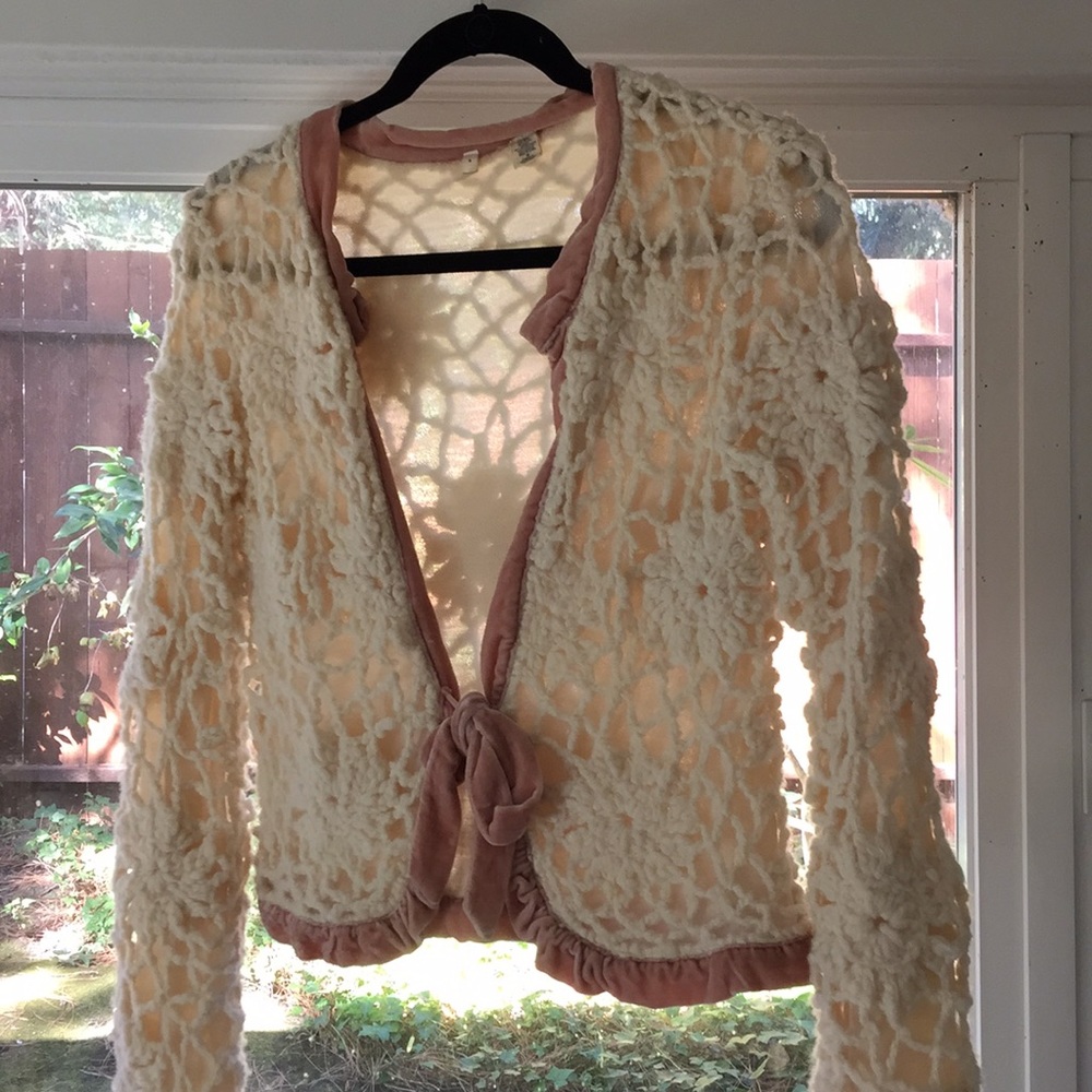 Moth Sweater Cream Crochet with Pink Trim and Bow